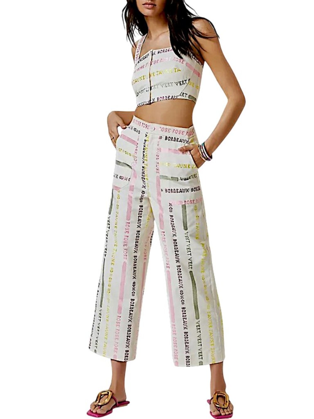 NWOT Anthropologie Two-Piece Crop Top Wide-Leg Pants Set 10 Ivory Pastel